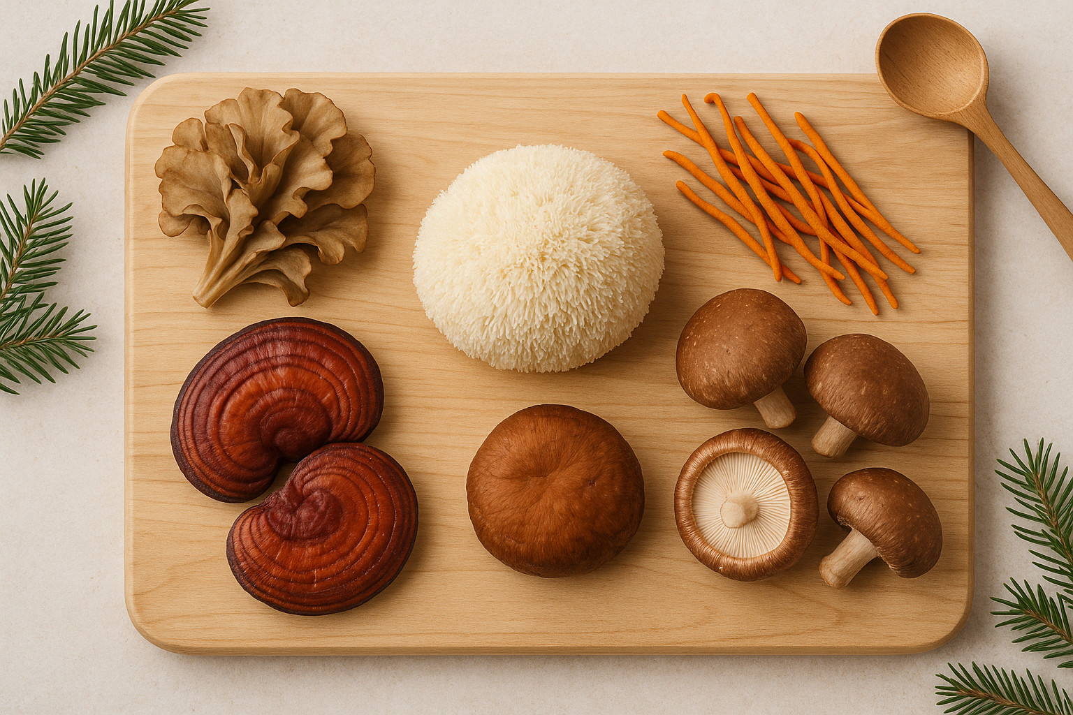 Plateau en bois présentant Reishi, Cordyceps, Lion’s Mane, Maitake et Shiitake pour illustrer leurs bienfaits adaptogènes.